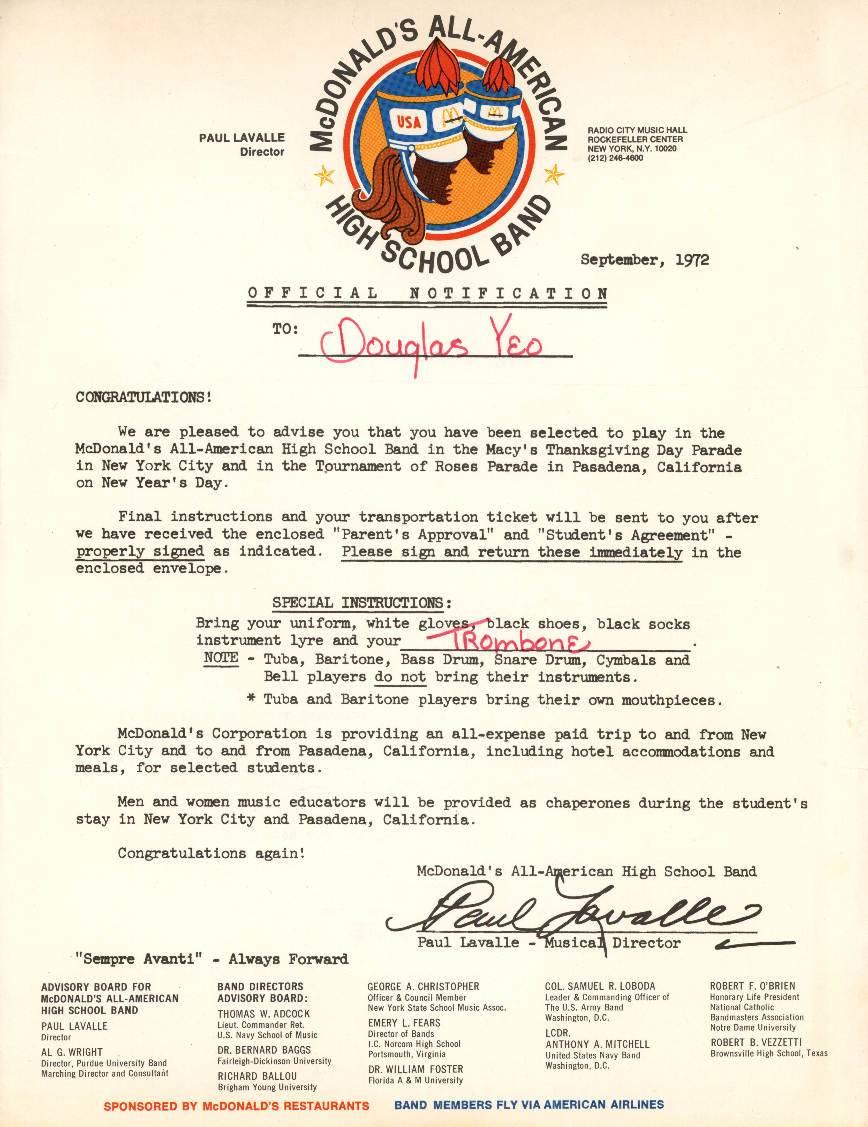 Yeo_McDonald's_All_AMerican_Band_letter_1972